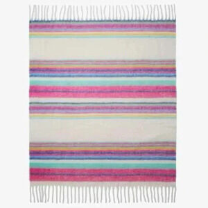 Free People Skye Stripe Fringe Throw Blanket, Cozy Rainbow Accent Blanket, OS